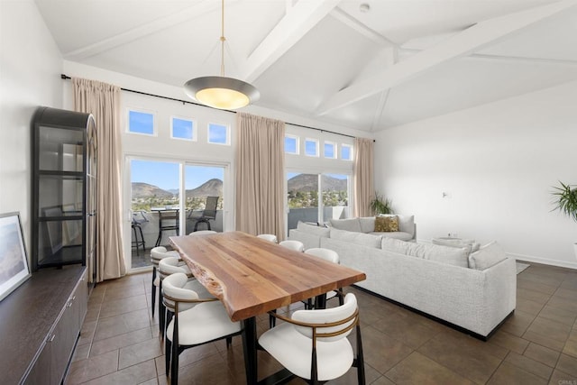 6356 Camino Largo, San Diego, CA 92120 - dining space with high vaulted ceiling, beamed ceiling, plenty of natural light, dark tile patterned floors, and a mountain view