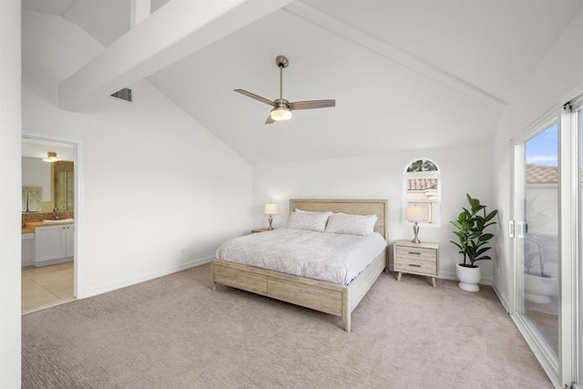 6356 Camino Largo, San Diego, CA 92120 - bedroom featuring light carpet, a ceiling fan, ensuite bathroom, access to outside, and baseboards