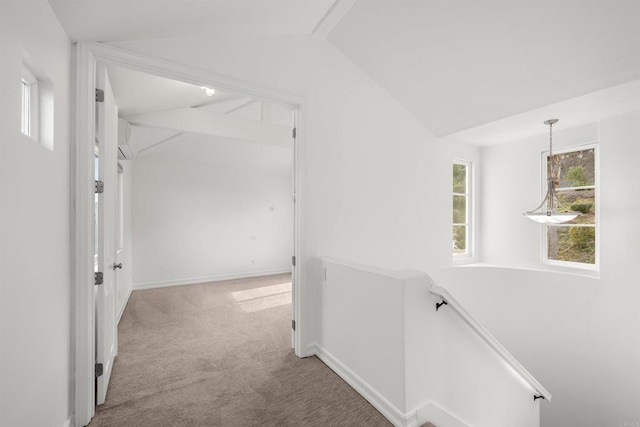 6356 Camino Largo, San Diego, CA 92120 - hall with an upstairs landing, vaulted ceiling, carpet, and baseboards