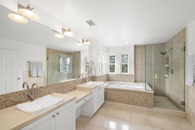 6356 Camino Largo, San Diego, CA 92120 - bathroom featuring a garden tub, a shower stall, double vanity, tile patterned flooring, and decorative backsplash