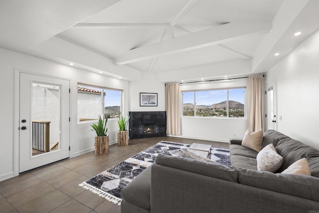 6356 Camino Largo, San Diego, CA 92120 - living room with recessed lighting, beamed ceiling, high vaulted ceiling, a fireplace, and baseboards