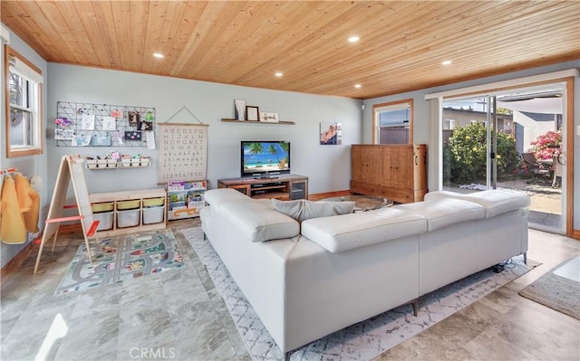 living room featuring wooden ceiling, baseboards, and recessed lighting