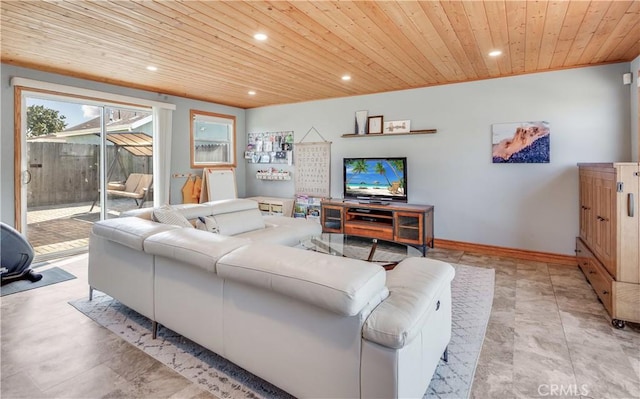 living area with recessed lighting, baseboards, and wooden ceiling