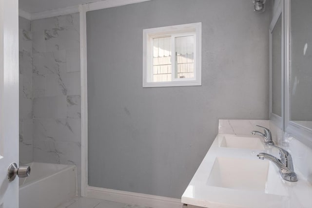 full bathroom with a shower, double vanity, a bathing tub, and a sink