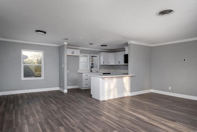 kitchen featuring ornamental molding, baseboards, and a peninsula
