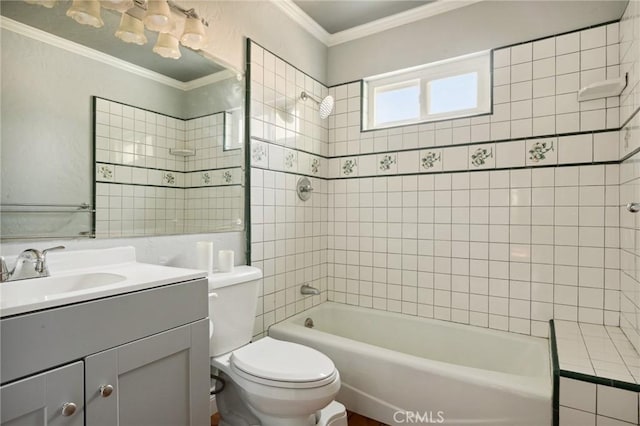 24540 Horst Dr, Crestline, CA 92325 - full bath with vanity, bathing tub / shower combination, and crown molding