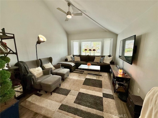 28236 Branch Rd, Castaic, CA 91384 - living area featuring a ceiling fan, high vaulted ceiling, and light wood-style floors