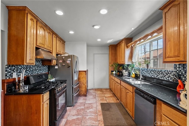 1435 W 50th St, Los Angeles, CA 90062 - kitchen with stainless steel appliances, under cabinet range hood, a sink, backsplash, and recessed lighting