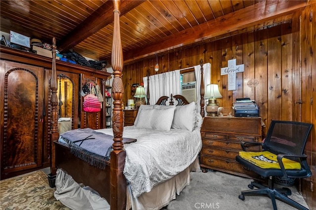 carpeted bedroom featuring wood ceiling, wood walls, and beam ceiling