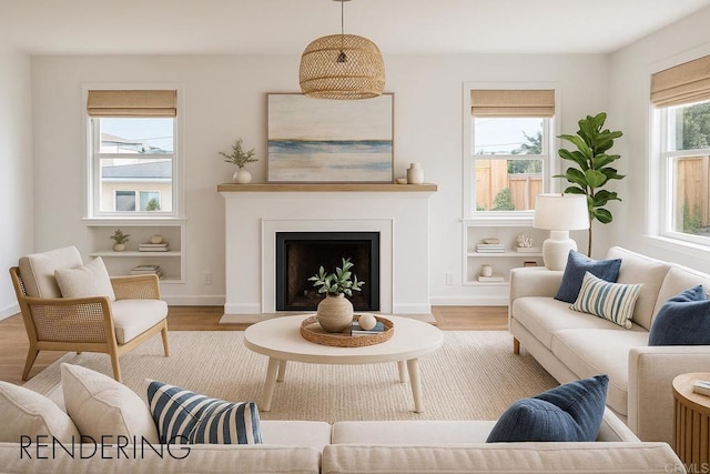 145 13th St, Del Mar, CA 92014 - living area with wood finished floors, a fireplace with flush hearth, built in shelves, and baseboards