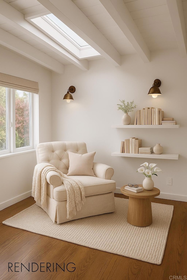 145 13th St, Del Mar, CA 92014 - sitting room with beamed ceiling, baseboards, wood finished floors, and a skylight