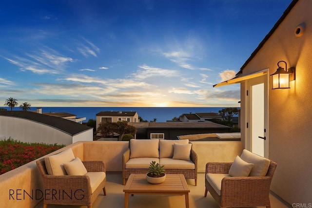 145 13th St, Del Mar, CA 92014 - patio terrace at dusk with a water view, an outdoor hangout area, and a balcony