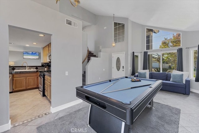 39878 Teal Dr, Murrieta, CA 92562 - rec room featuring high vaulted ceiling, billiards, visible vents, and light tile patterned floors