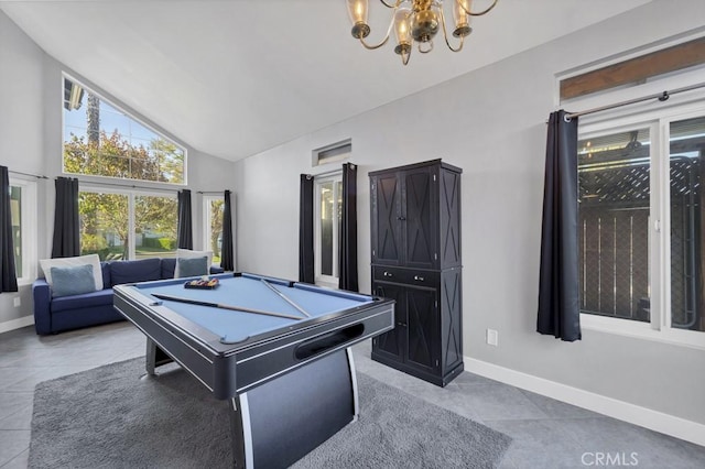 39878 Teal Dr, Murrieta, CA 92562 - rec room featuring high vaulted ceiling, billiards, a chandelier, baseboards, and tile patterned flooring