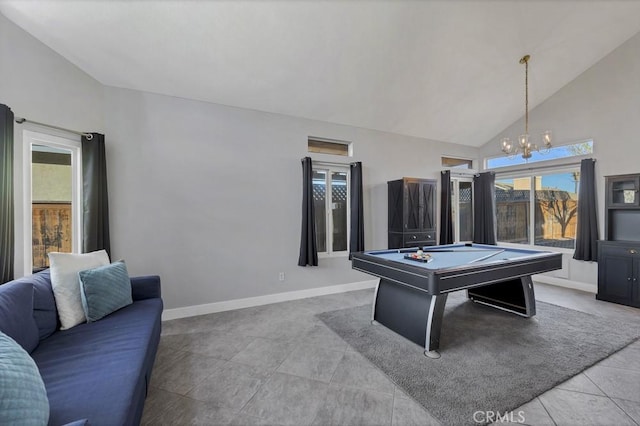 39878 Teal Dr, Murrieta, CA 92562 - rec room with baseboards, a notable chandelier, tile patterned flooring, pool table, and high vaulted ceiling