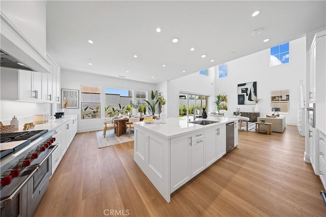kitchen with a sink, open floor plan, premium range hood, appliances with stainless steel finishes, and recessed lighting