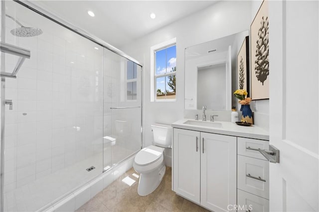 full bath with a shower stall, vanity, toilet, tile patterned flooring, and recessed lighting