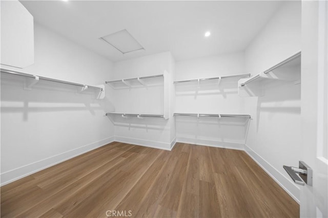walk in closet featuring attic access and wood finished floors