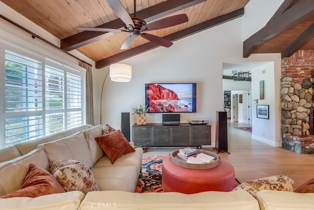 6217 Melba Ave, Woodland Hills, CA 91367 - living room with wood ceiling, wood finished floors, ceiling fan, and baseboards