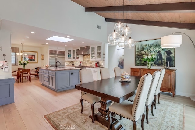6217 Melba Ave, Woodland Hills, CA 91367 - dining area featuring a chandelier, a skylight, light wood-type flooring, recessed lighting, and wooden ceiling