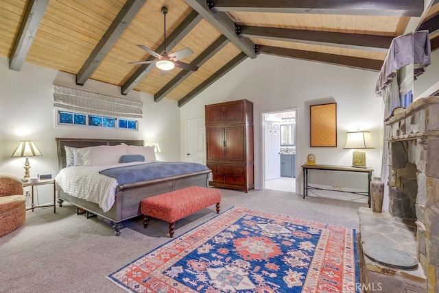 6217 Melba Ave, Woodland Hills, CA 91367 - bedroom featuring light carpet, wooden ceiling, ensuite bath, and ceiling fan