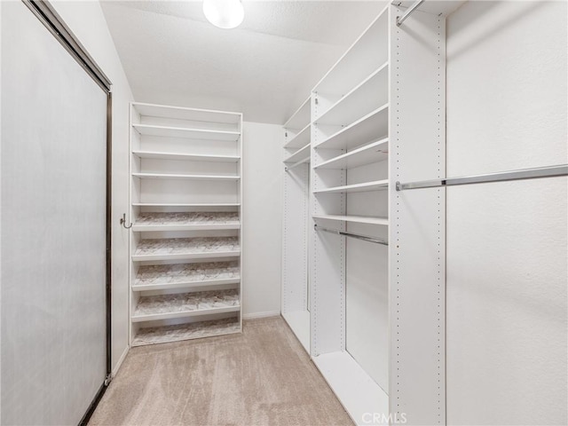 walk in closet featuring light carpet
