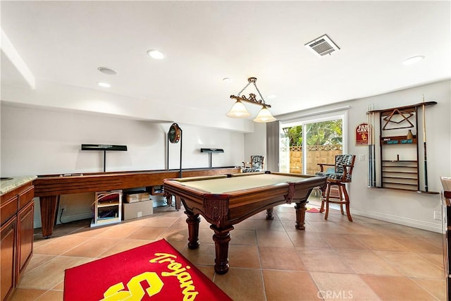 2408 Ocean Dr, Oxnard, CA 93035 - recreation room featuring pool table, visible vents, recessed lighting, light tile patterned flooring, and baseboards
