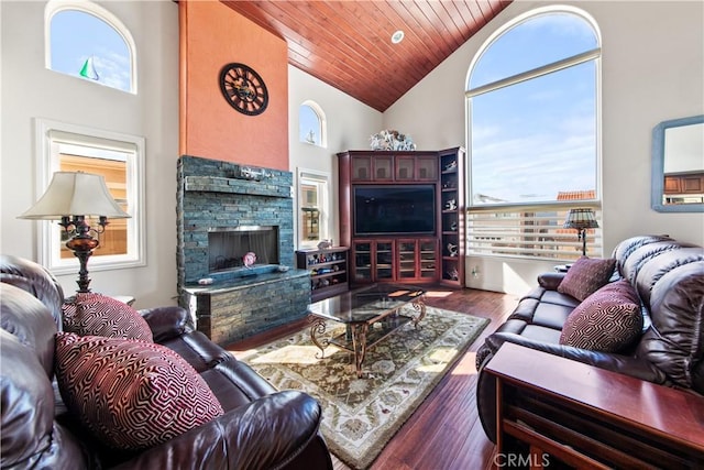 2408 Ocean Dr, Oxnard, CA 93035 - living room with high vaulted ceiling, a stone fireplace, wooden ceiling, and wood finished floors