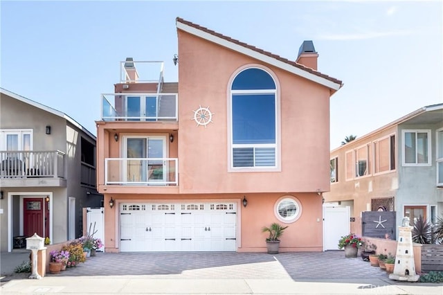 2408 Ocean Dr, Oxnard, CA 93035 - view of property with driveway, stucco siding, a chimney, and an attached garage