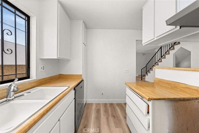 1144 N Lyman Ave, Covina, CA 91724 - kitchen featuring stainless steel dishwasher, light wood-style floors, white cabinetry, and a sink