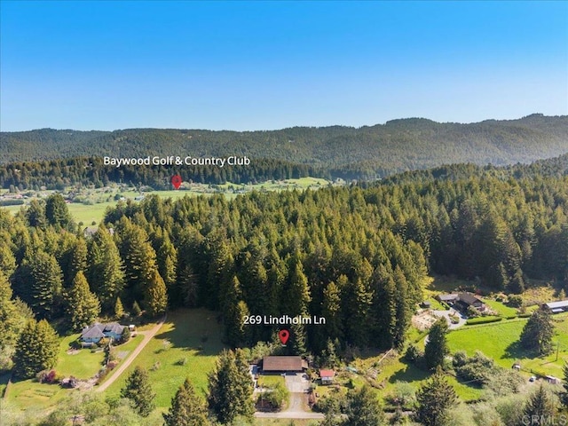 bird's eye view with a wooded view