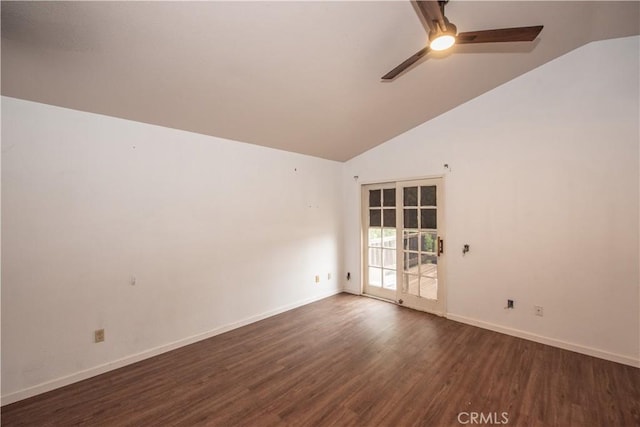 24356 Via Las Junitas, Murrieta, CA 92562 - empty room featuring high vaulted ceiling, ceiling fan, baseboards, and dark wood-style flooring