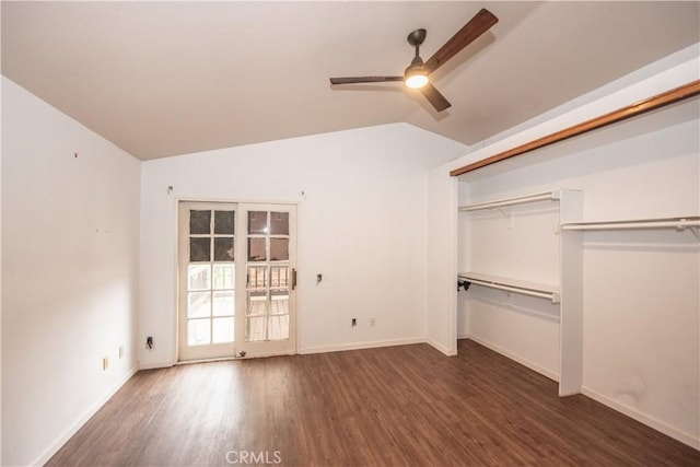 24356 Via Las Junitas, Murrieta, CA 92562 - unfurnished bedroom featuring a ceiling fan, vaulted ceiling, wood finished floors, baseboards, and a closet