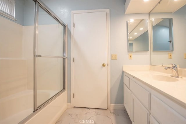 24356 Via Las Junitas, Murrieta, CA 92562 - full bath with vanity, marble finish floor, shower / bath combination with glass door, baseboards, and recessed lighting