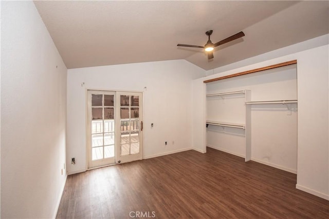 24356 Via Las Junitas, Murrieta, CA 92562 - unfurnished bedroom with wood finished floors, baseboards, ceiling fan, access to outside, and vaulted ceiling
