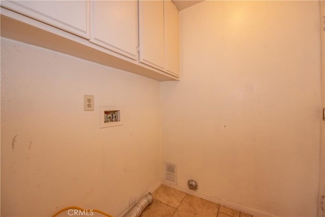 24356 Via Las Junitas, Murrieta, CA 92562 - laundry area with visible vents, hookup for a washing machine, electric dryer hookup, cabinet space, and light tile patterned floors