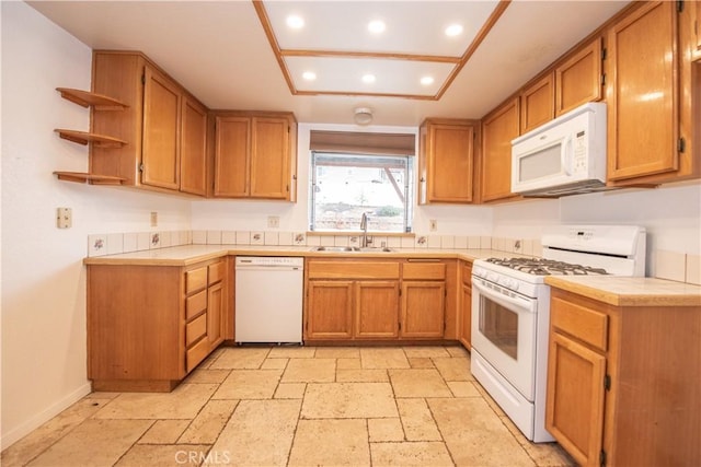 24356 Via Las Junitas, Murrieta, CA 92562 - kitchen with stone tile floors, white appliances, recessed lighting, light countertops, and a sink