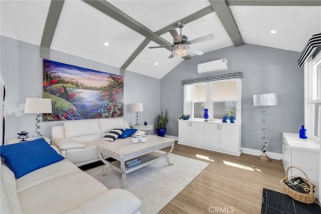 living area featuring baseboards, a ceiling fan, a wall mounted AC, light wood-style flooring, and vaulted ceiling with beams