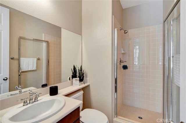 bathroom with toilet, vanity, and a stall shower
