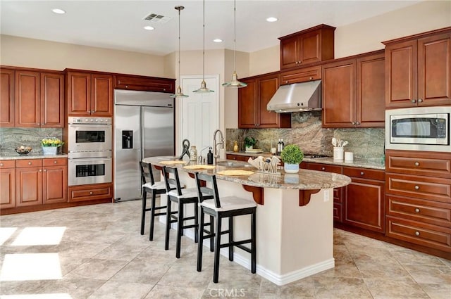 kitchen featuring a sink, decorative backsplash, built in appliances, under cabinet range hood, and visible vents