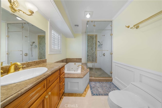 24106 Lodge Pole Rd, Diamond Bar, CA 91765 - full bathroom featuring toilet, a stall shower, vanity, tile patterned flooring, and a tub with jets