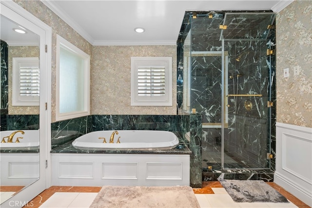 full bathroom featuring ornamental molding, a bath, a marble finish shower, and tile patterned floors