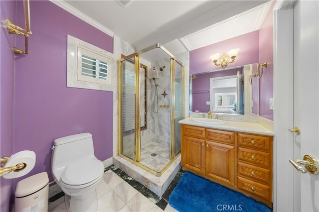 bathroom featuring toilet, vanity, and a shower stall