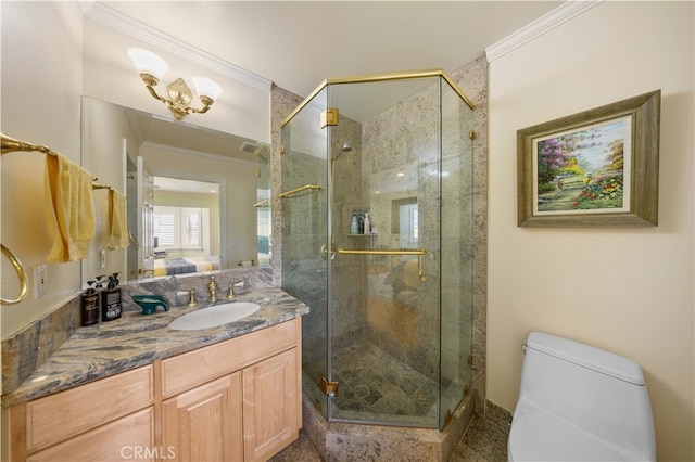 bathroom featuring crown molding, ensuite bath, toilet, a shower stall, and vanity