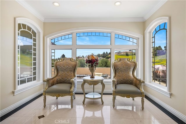 living area with plenty of natural light, baseboards, tile patterned floors, ornamental molding, and recessed lighting