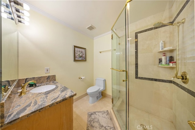 24106 Lodge Pole Rd, Diamond Bar, CA 91765 - bathroom with ornamental molding, toilet, a shower stall, vanity, and tile patterned flooring
