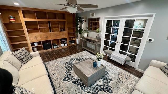 11406 Christy Ave, Sylmar, CA 91342 - living room featuring wood finished floors, visible vents, french doors, baseboards, and ceiling fan
