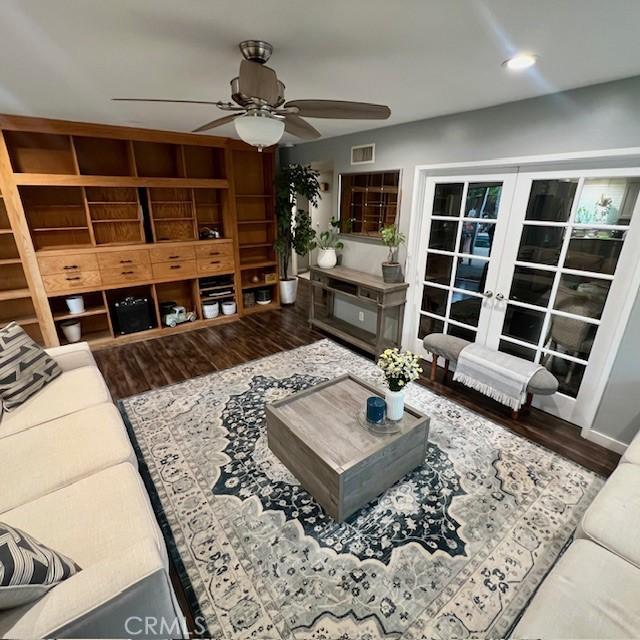 11406 Christy Ave, Sylmar, CA 91342 - living room featuring visible vents, french doors, a ceiling fan, and wood finished floors