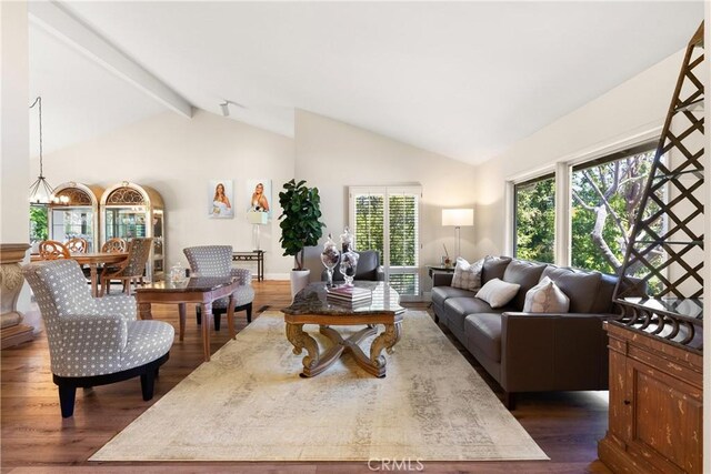 living room featuring beamed ceiling, dark wood finished floors, and a wealth of natural light