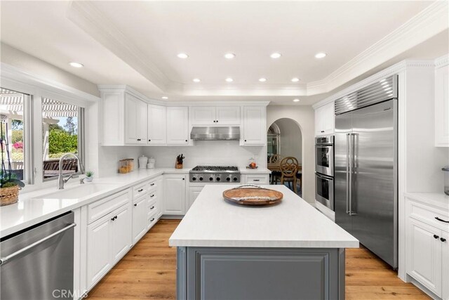 kitchen with under cabinet range hood, stainless steel appliances, a sink, arched walkways, and a kitchen island